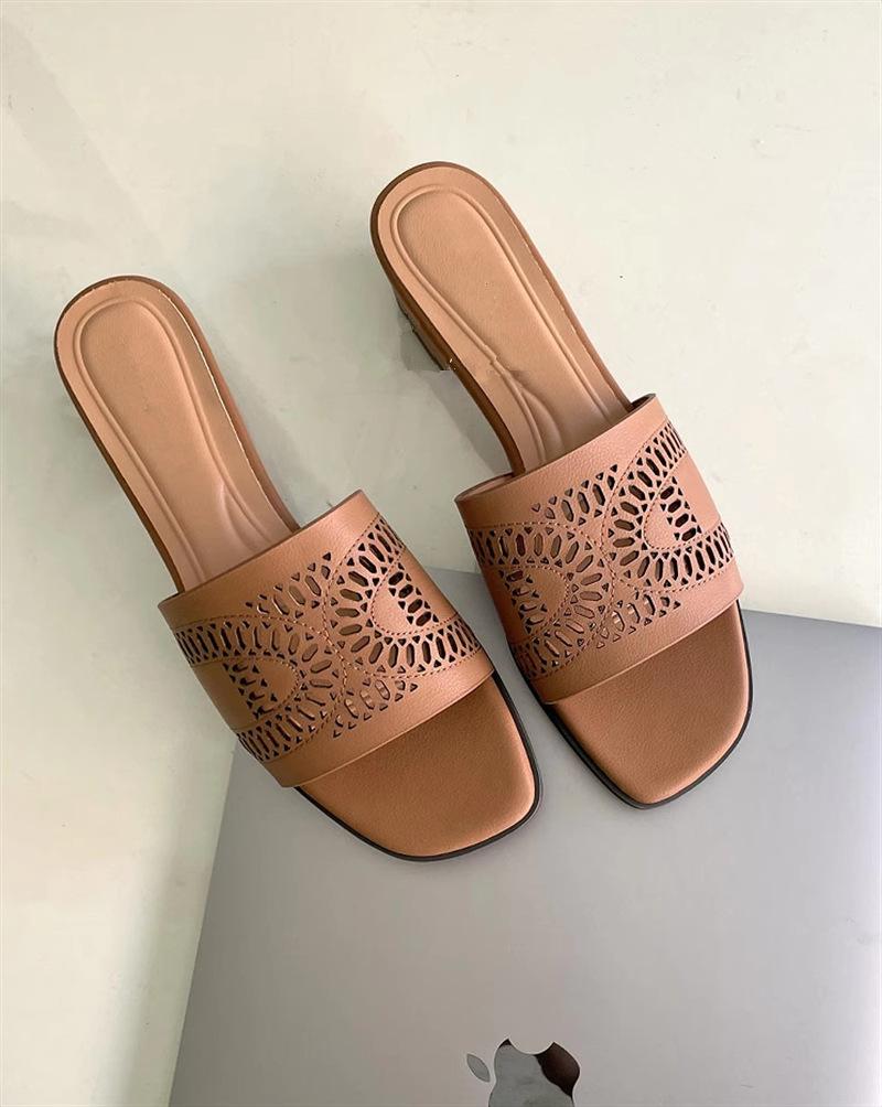 

Leather laser engraved hollow word thick heel cool slippers women wear summer new fashion versatile square head sandals 40 коричневий