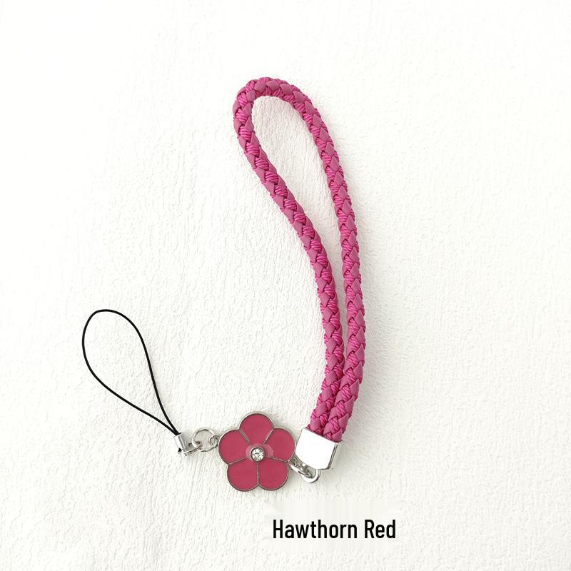 Camellia Four-Leaf Clover PU Leather Phone Wrist Lanyard with Nylon Woven Cord and Phone Case Pendant