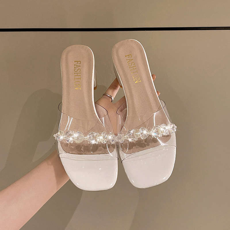 French Thick Heel Cool Slippers Women's Summer Wear 2025 New Fairy Style Pearl Word with Transparent Crystal High Heels