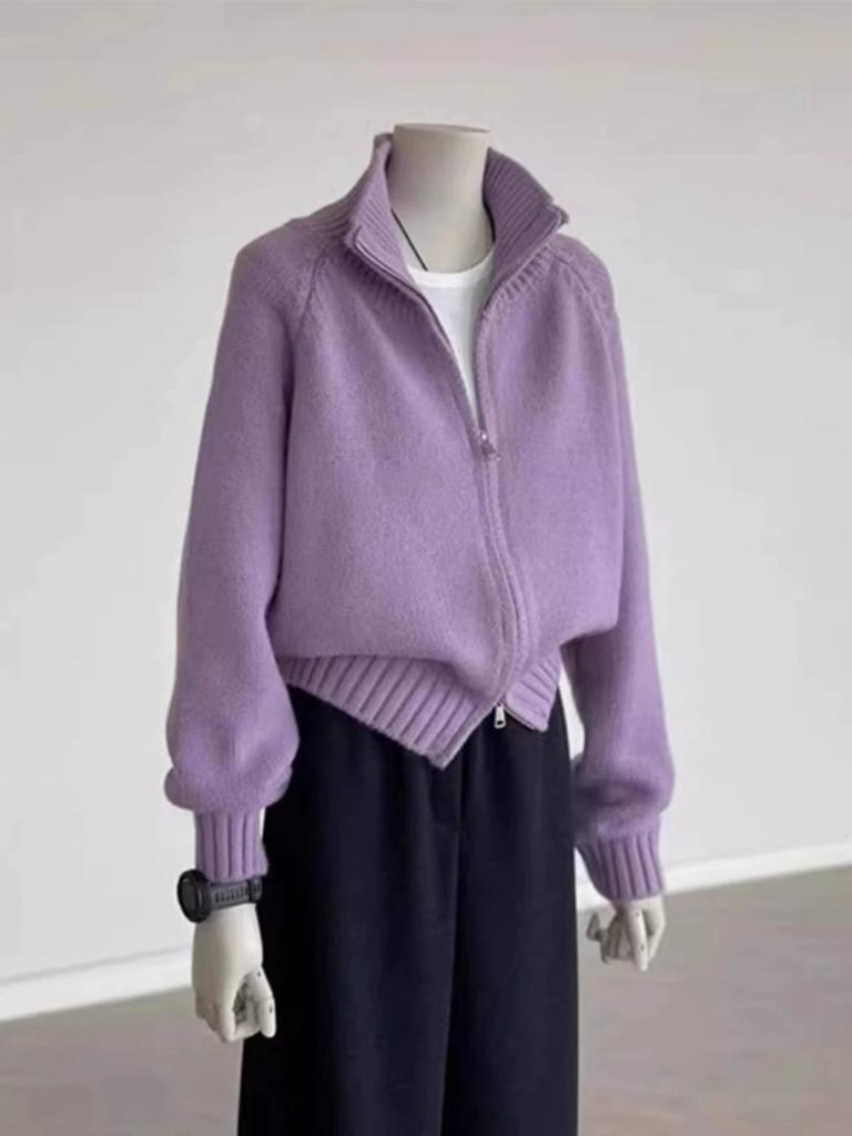 Lazy Wind Double Zipper Sweater Jacket Women's Autumn and Winter New Small Thickened Loose High Neck Knitted Cardigan
