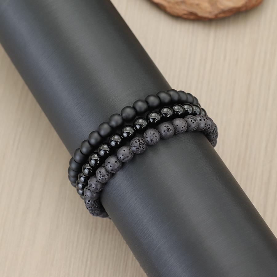 Fashion Beaded Bracelet Set Men 6mm Lava Tiger Eyes Obsidian Howlite Stone Healing Braclet Pulseras Hombre Cool Riding Jewelry