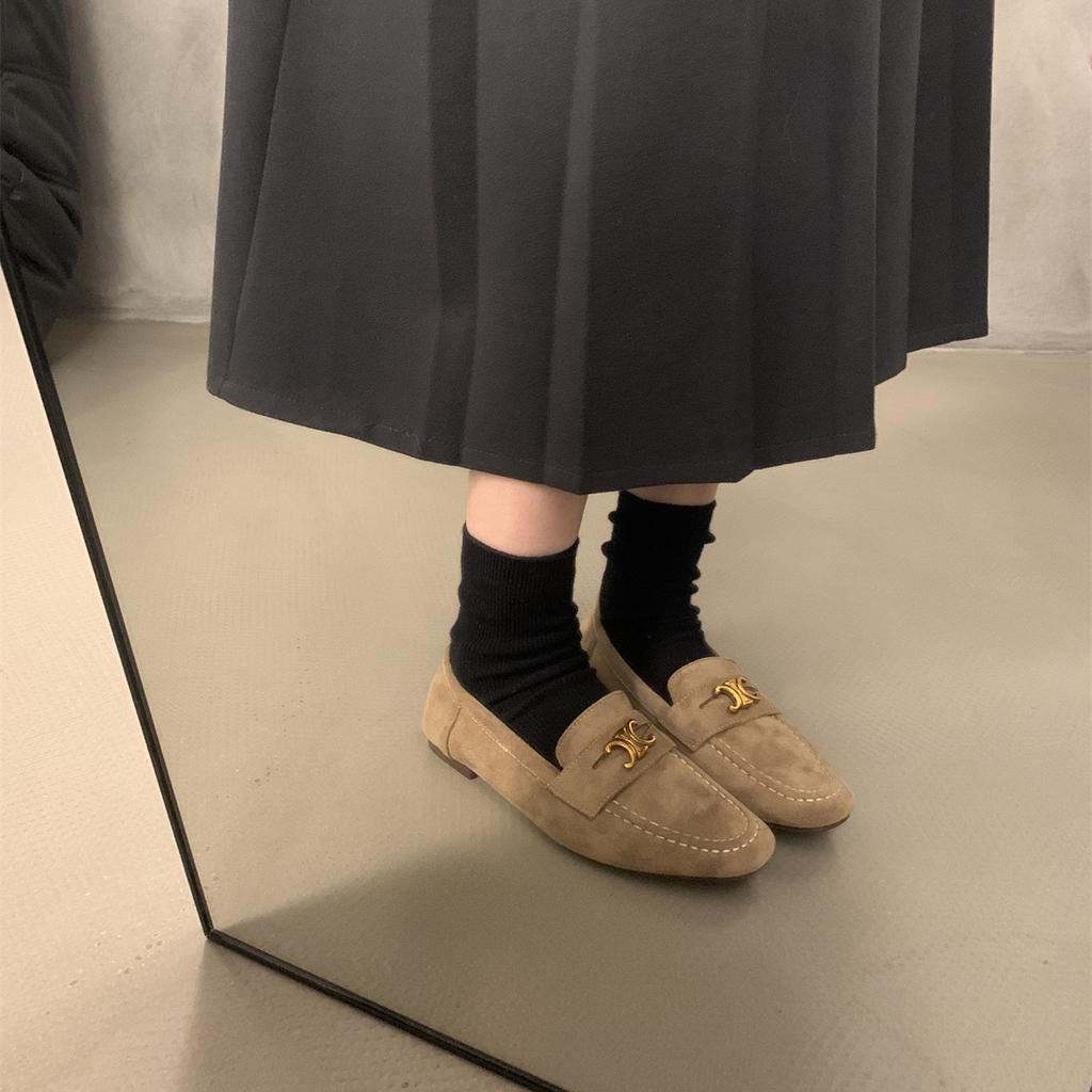 British style round head simple retro suede small leather shoes flat bottom one pedal outside wear versatile commuter shoes