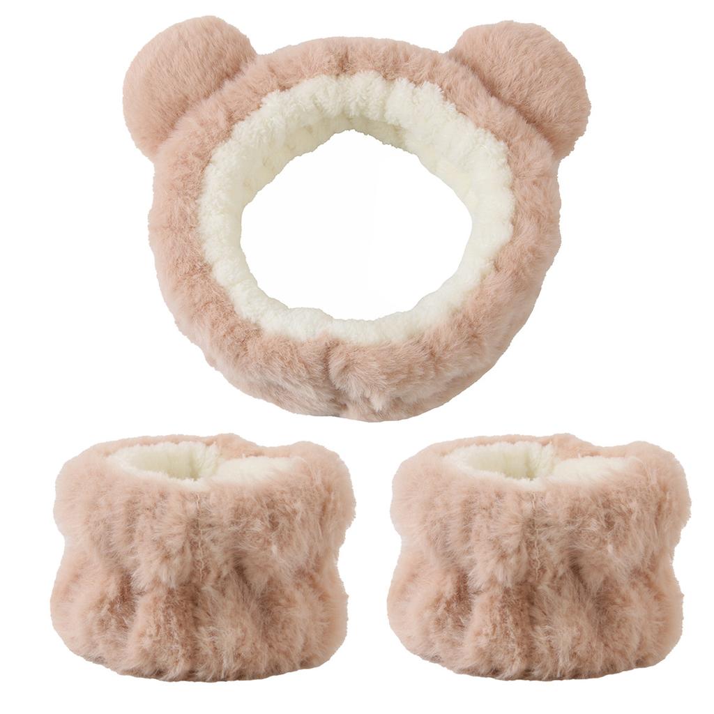 3pcs Cute Bear Headband Set Fluffy Makeup Headband for Face Wash, Face Mask, Skin Care Matching wristband