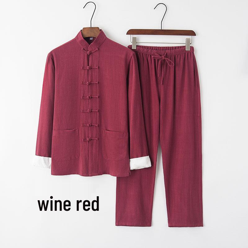 Men's Chinese Style Cotton Linen Tang Suit Jacket & Pants Set with Frog Buttons - Retro Zen Meditation Outfit