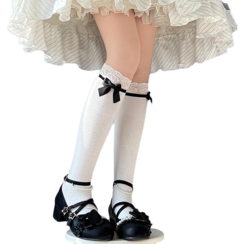 Japanese-style Lolita black bow knee-high socks for women with white lace jk Flattering lace trim for the legs