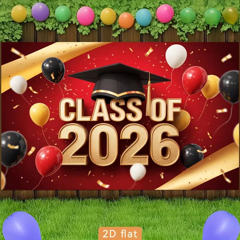 2D Class of 2026 Graduation Photography Backdrop Red Gold Balloon & Confetti Party Background