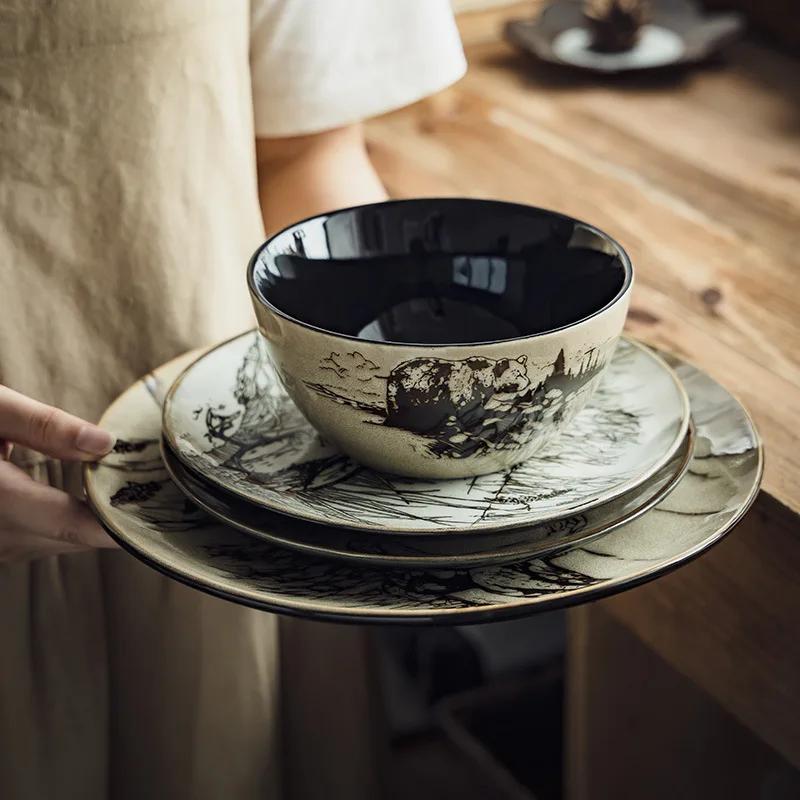 Bol Farfurie Ceramică Pictată Manual Animal Vintage Tacâmuri de Casă Farfurie Creativă Vestică pentru Friptură Salată