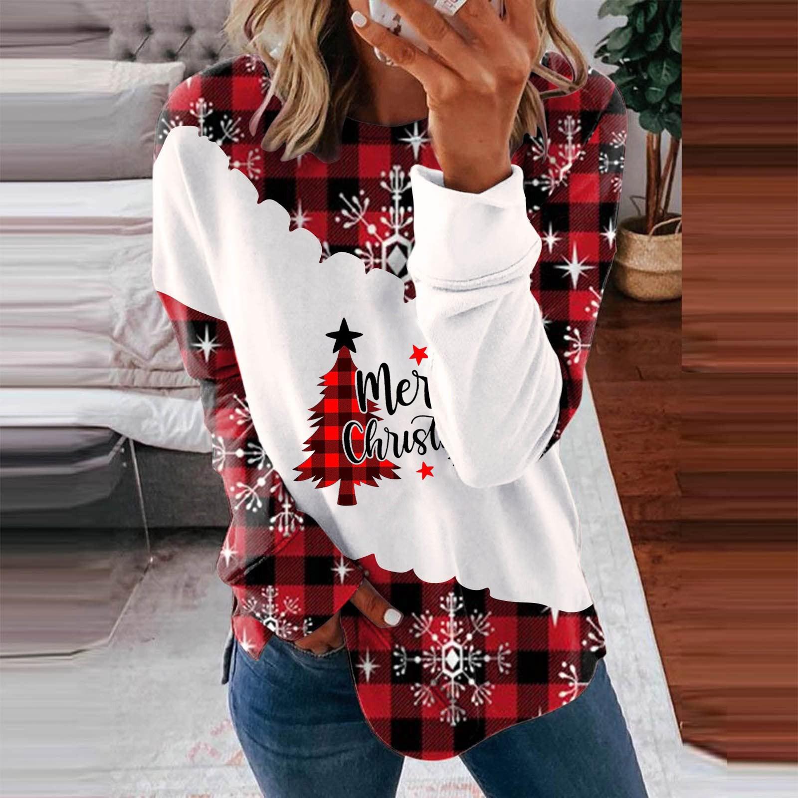 

Women s Fashion Casual Christmas Positioning Print Split Round Neck Long Sleeved Top XXL чёрный