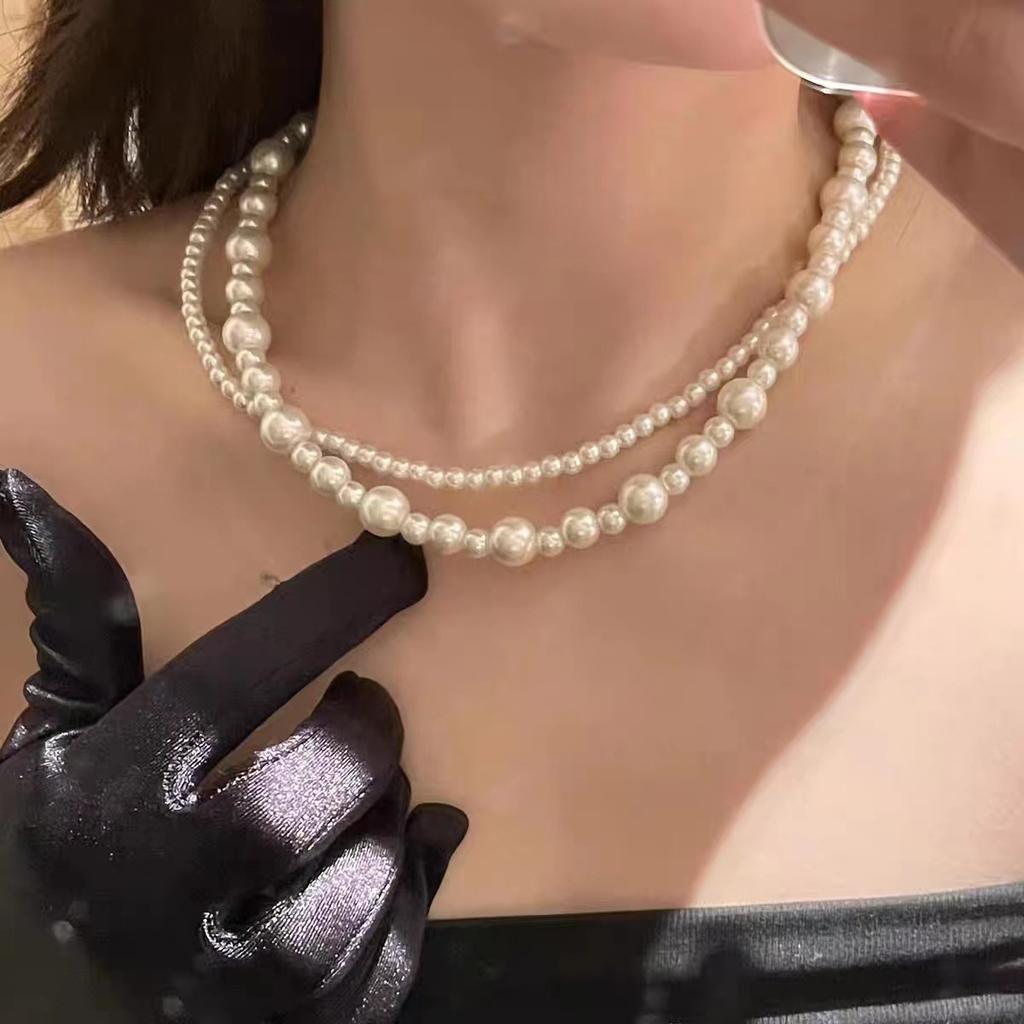 Y2K Layered Pearl Necklace for Women, Multi Layer French Retro Choker, Dainty Minimalist Stackable Pendant Chain, Daily Elegant Jewelry Gift