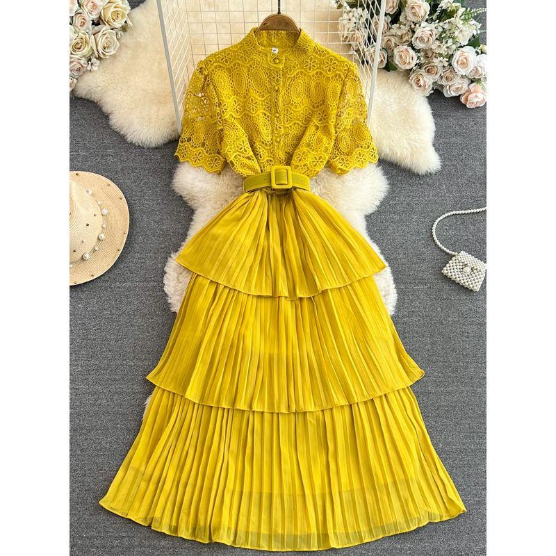 Accessible Luxury Socialite Stand Collar Lace Cake Dress Short Sleeve