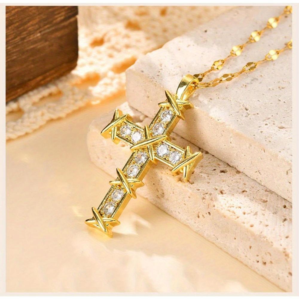 Cross Zircon Pendant Necklace for Women, 18k Gold Plated Clavicle Chain Necklace Religion Jewelry