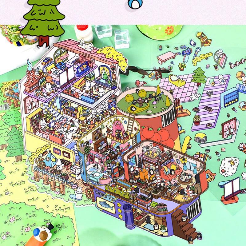 DIY 3D samolepky s motivem domu - 2 sady Roztomilý motiv - 3D roztomilá kreslená sada samolepek Vánoční dárek pro dospělé děti Uvolnění stresu