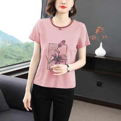 Women Pink Floral Print Round Neck Contrast Trim Short Sleeve T Shirt