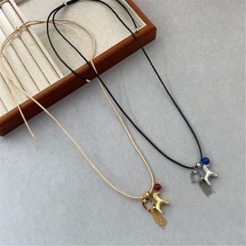 Lightweight Horse Charm Tassels Necklace Stylish Wax Rope Neck Chain Stylish Neck Jewelry Gift For Sister Best Friend