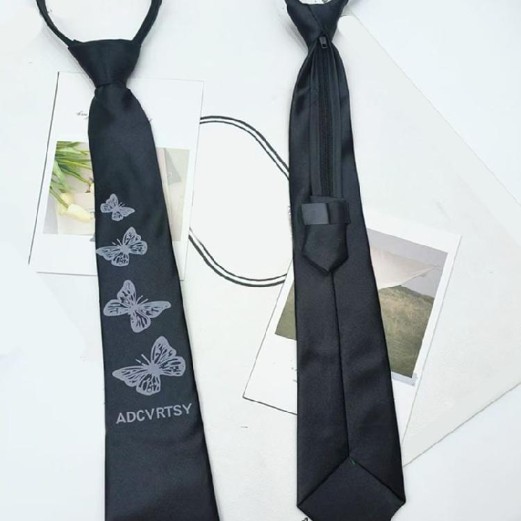 Unisex Pre-Tied Tie with Adjustable Zippers Butterfly Floral Print Black Necktie Campus Preppy Uniform Shirt Collar Tie