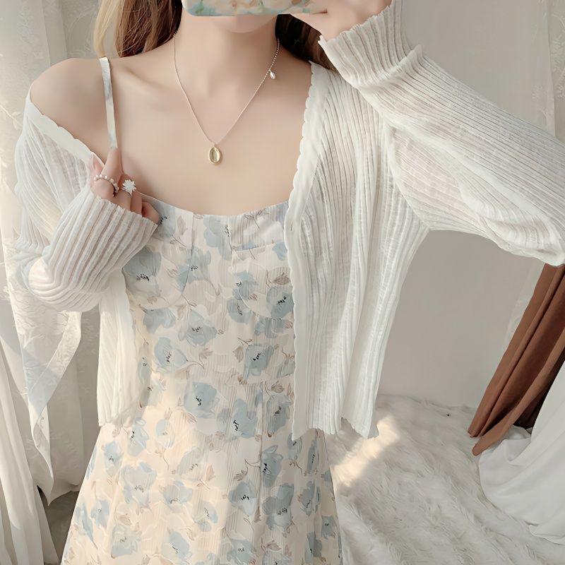 

Women s Ice Silk Sun Protection Cardigan - Summer Shawl Cover-up with Camisole Dress, Thin Knit Air Conditioning Outerwear, Short Jacket M (48-53 kg) білий