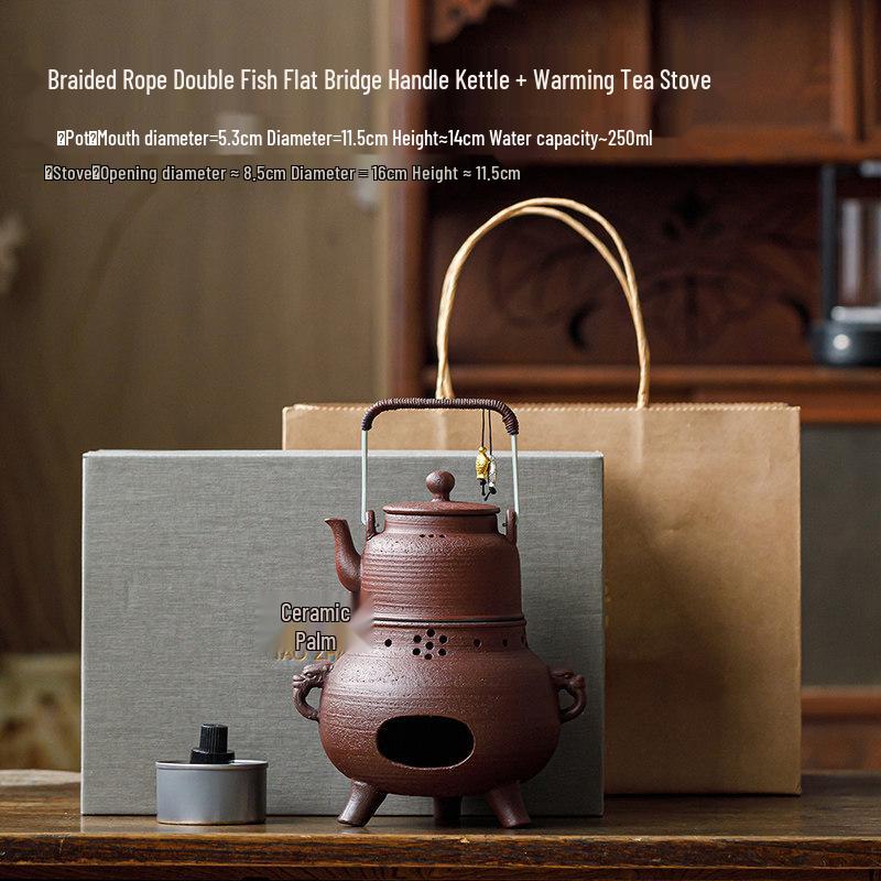 Guanlan Retro Coarse Pottery Tea Kettle Set with Alcohol Warmer for Outdoor Brewing No Specification