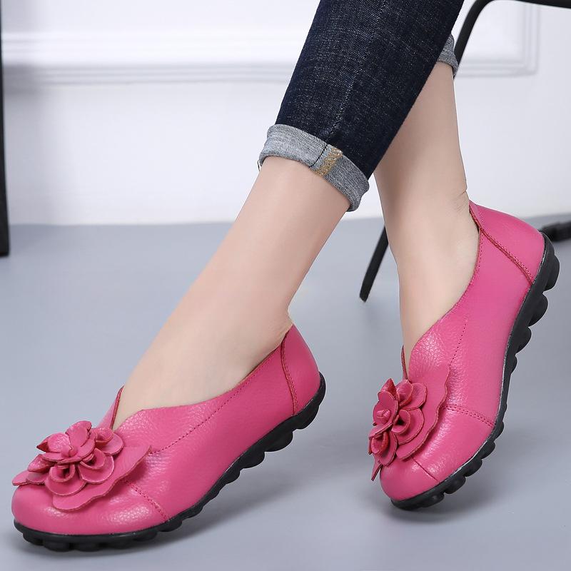 Vår og Sommer Kuskinn Blomst Mamma Sko Komfortable Erter Damesko Flate Fire Sesonger Flate Sko Dames Enkelsko