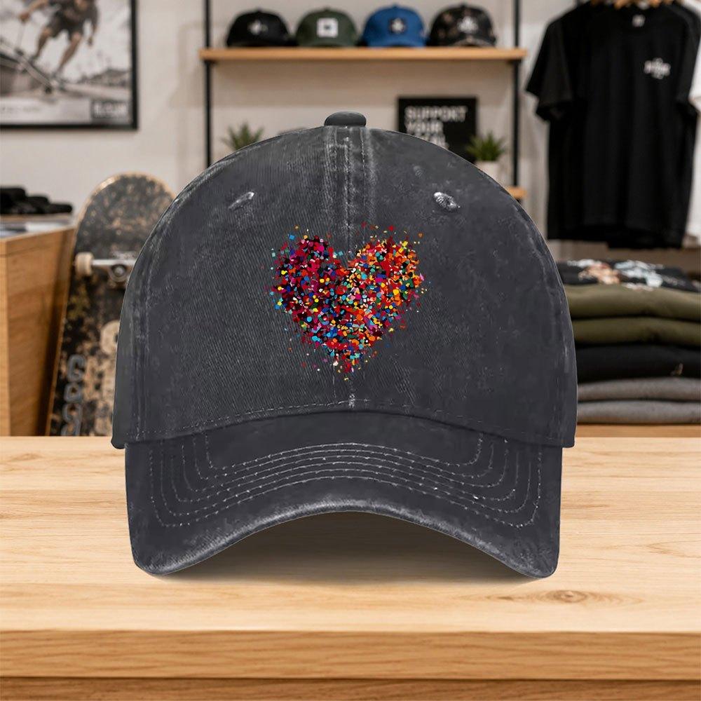1pc New Colorful Heart Print Washed Baseball Cap Premium Versatile Outdoor Accessory Unisex Duckbill Cap Fashionable Trendy C