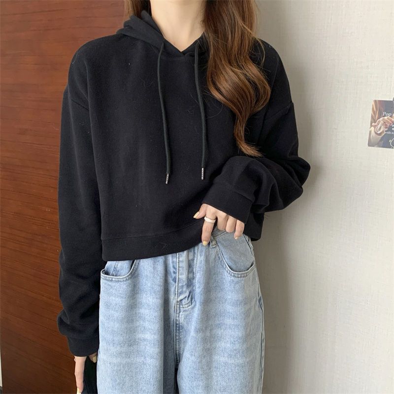 Hoodies Women Autumn Students Leisure Cropped Baggy Chic Young Simple Sporty Harajuku Vintage Hooded Sweatshirt Streetwear Daily