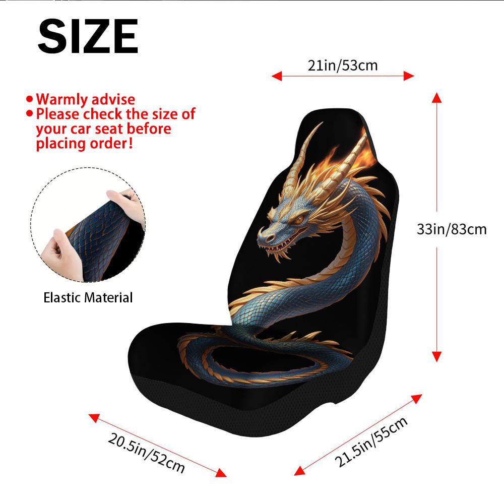 2 Stück mythische gold-blaue Drachen Autositzbezüge kompatibel für Fit, Luxuriöses Drachendesign Vordersitzschoner mit Polsterung