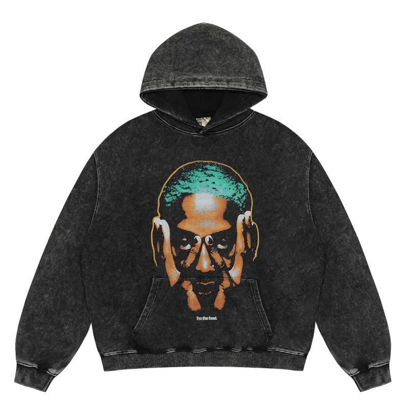 Mens Vintage Washed Hoodie With Distressed Graphic Print Loose Fit Cotton Pullover Fall Casual Wear