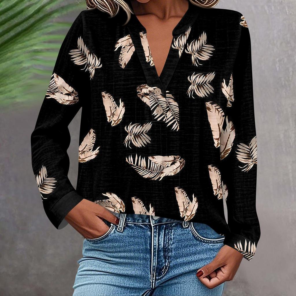 Women's Fashionable And Casual Shirt Long Sleeve V-neck Button Printed Blouse Top
