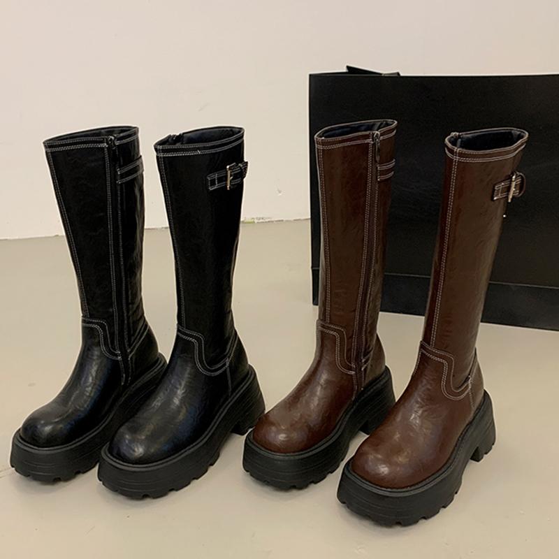 Fashion Vintage Platform Thick Heel Women Knee High Boots Fashion Ladies Belt Buckle Knight Long Booties botas de inverno feminina