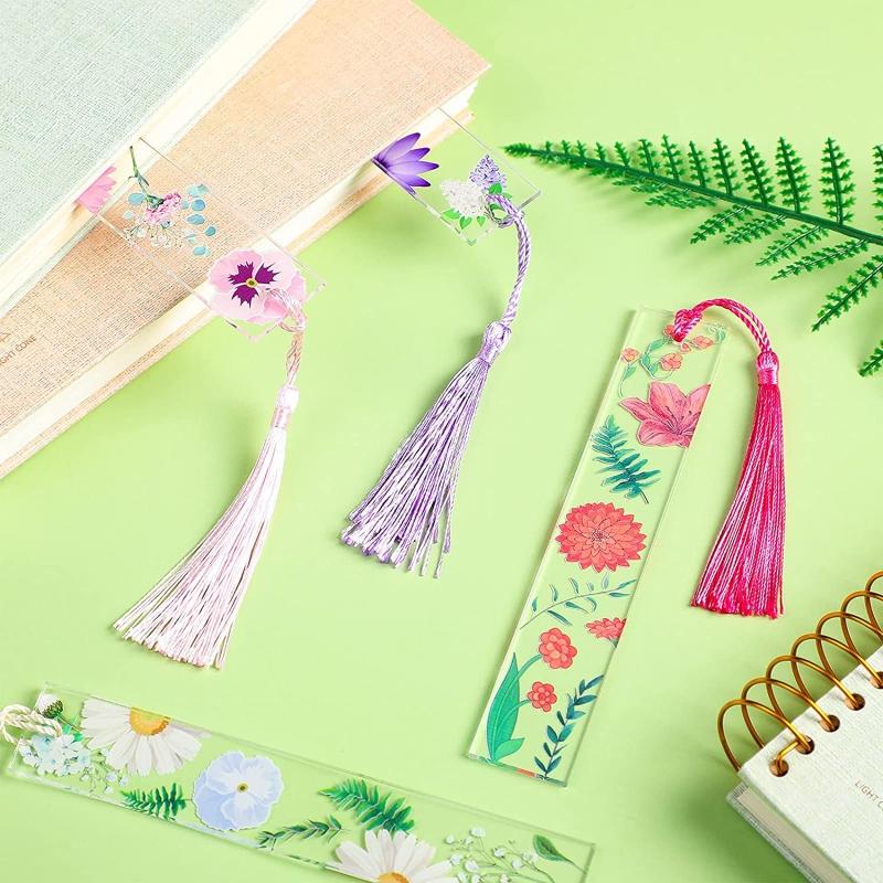 Cute Flower Acrylic Bookmarks Clear Floral Book Markers with Colorful Tassels for Women Kids Teacher Book Lovers 8 Style