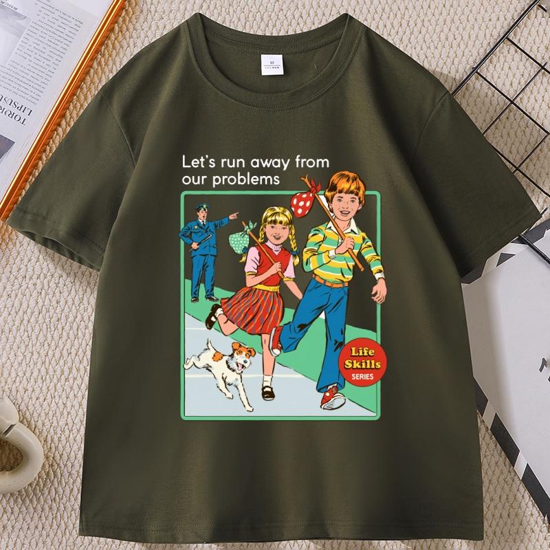Lets Run Away Graphic T Shirts Crewneck Vintage Short Sleeve Unisex WOMEN Tee Shirt Unisexs Designer Clothing Streetwear Tops