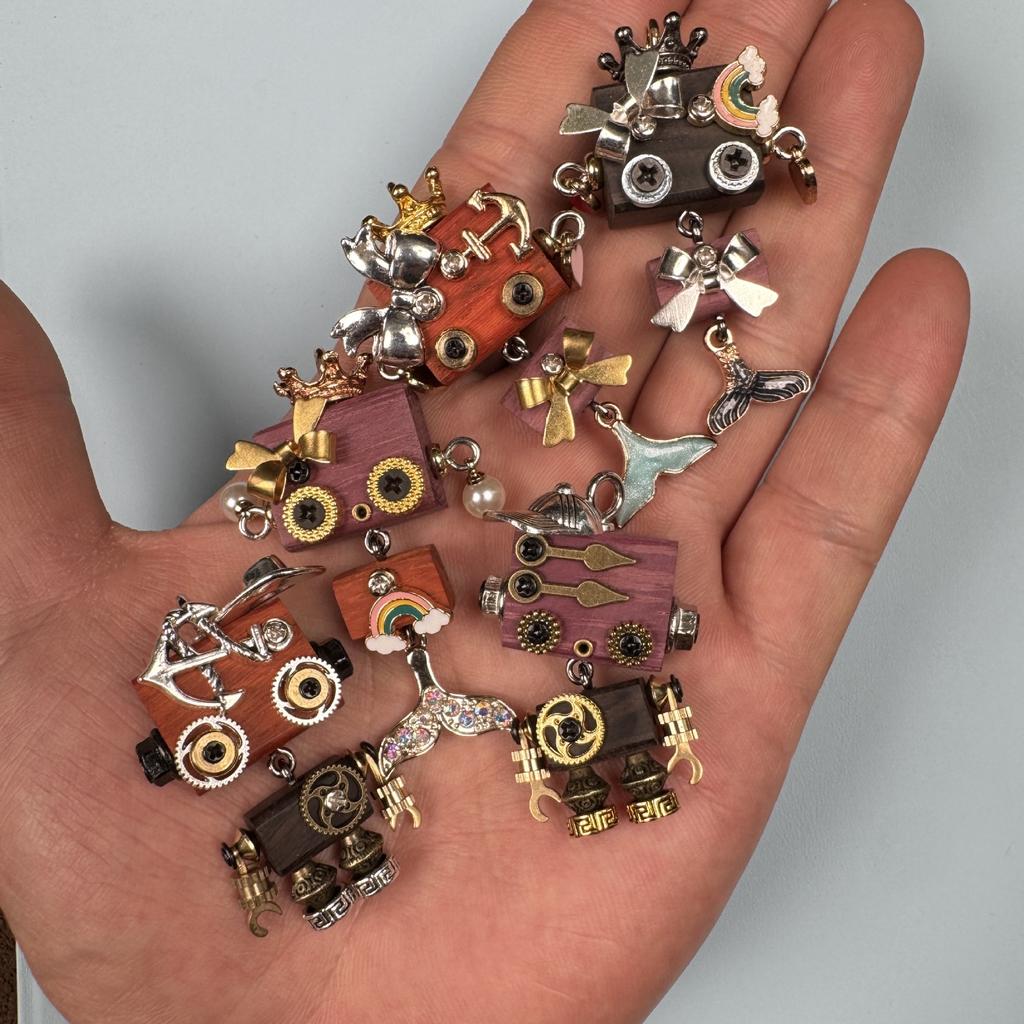 Handmade Zodiac Design Steampunk Robot Alloy Necklace Pendant Wooden Keychain Charm Unisex Phone Chain Accessory