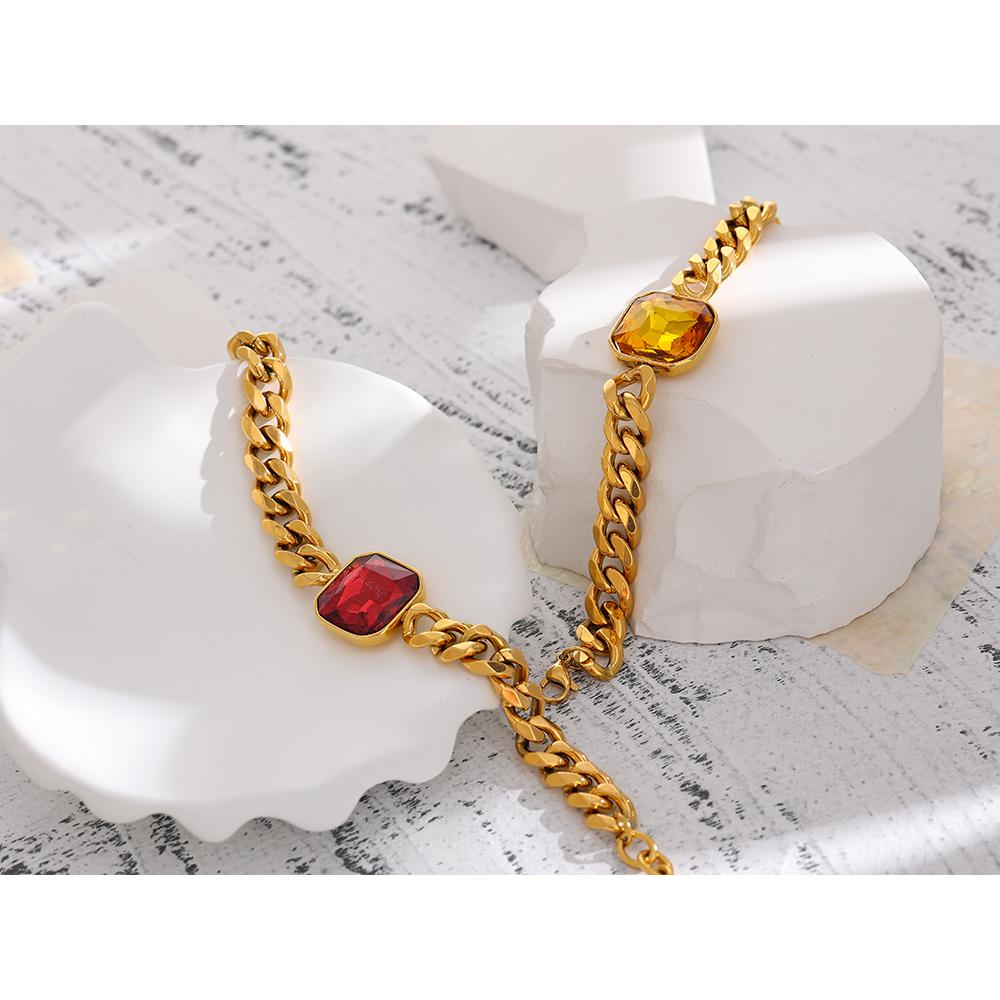 Yhpup Stainless Steel Red Cubic Zirconia Chain Bangle Bracelet for Women Heavy Metal Golden 18 K Bracelet Bijoux Femme Gift