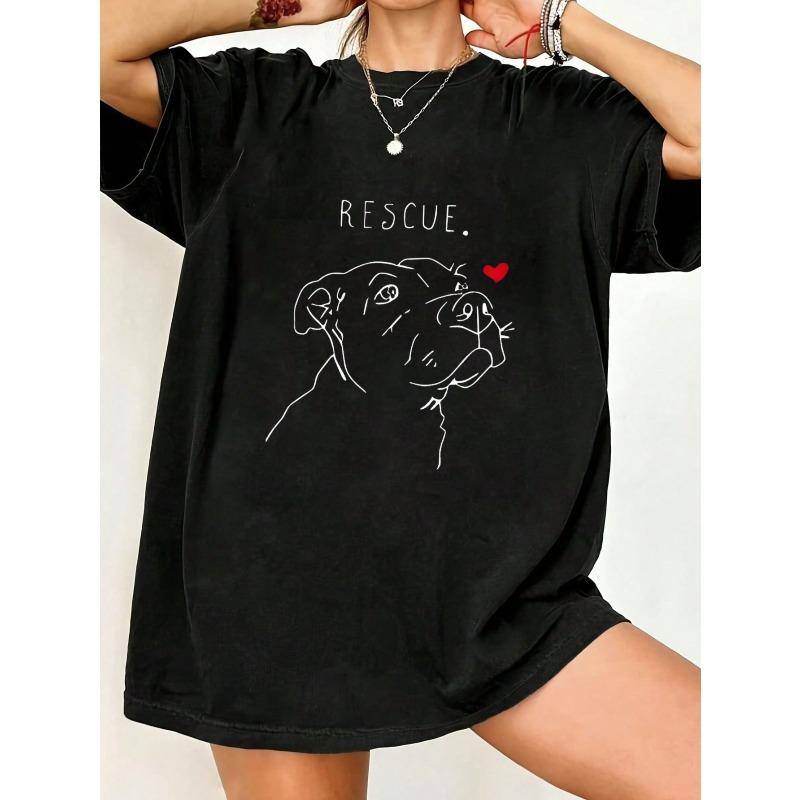 Black Oversized T Shirt With Dog Rescue Print And Heart For Casual Wear