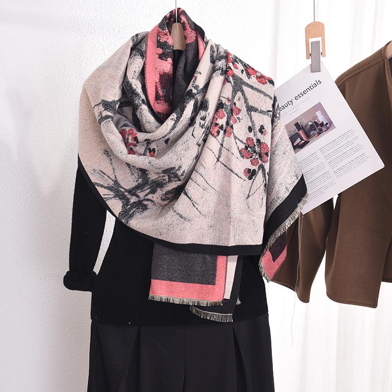 Women's Beige Wintersweet Flower Print Scarf: Autumn/Winter Literary Style, INS Fashion, Imitation Cashmere Shawl