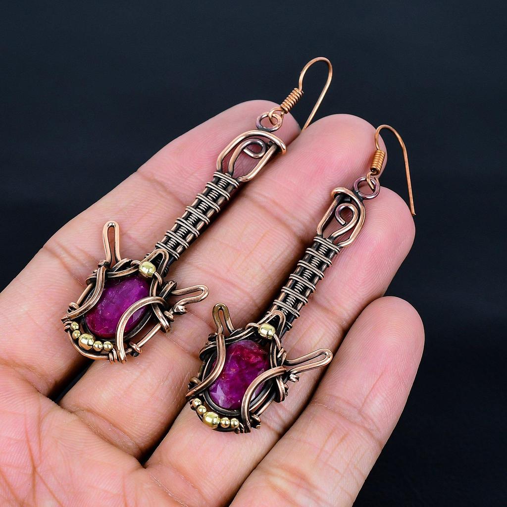 Ruby Earrings Gemstone Jewelry, 999 Copper Wire Wrapped Handmade Earrings, Latest Design Jewelry