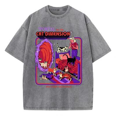 Portal To The Cat Dimension Washed Retro Men Clothes Fashion T-Shirts Streetwear Cotton Loose Tops Breathable Tee Couple