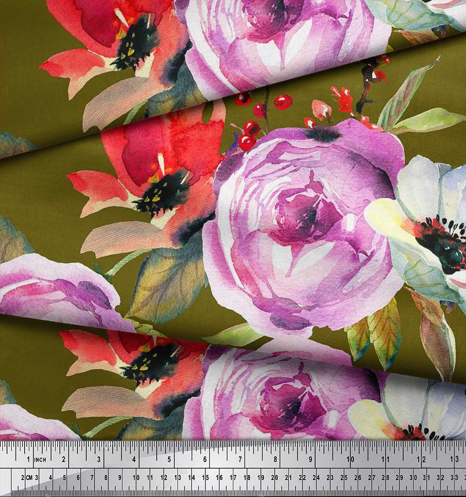 Soimoi Japan Crepe Satin Fabric Leaves,Poppy & Peony Flower Decor Fabric Printed Metre 42 Inch