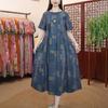 Literary Retro Floral Cotton Linen Short-sleeved Round Neck Loose Slimming Long Dress