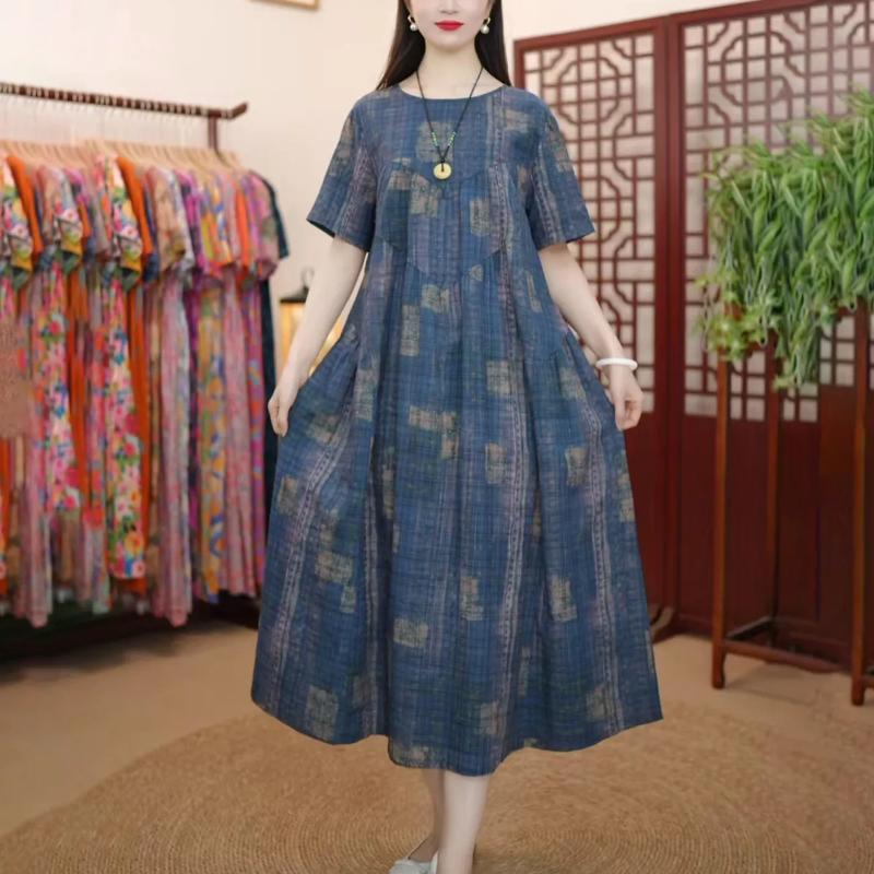 Literary Retro Floral Cotton Linen Short-sleeved Round Neck Loose Slimming Long Dress