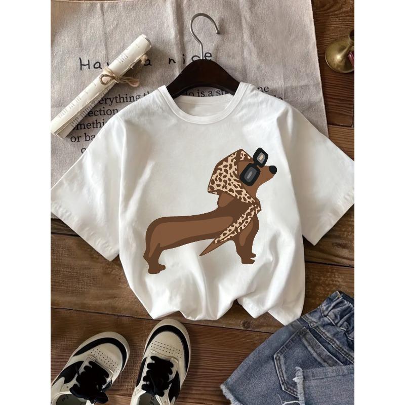 Taglie Europee Stile Casual Retro Americano Articolo di Moda Trendy Primavera ed Estate per Ragazze, T-shirt Stampata con Motivo Dachshund Marrone