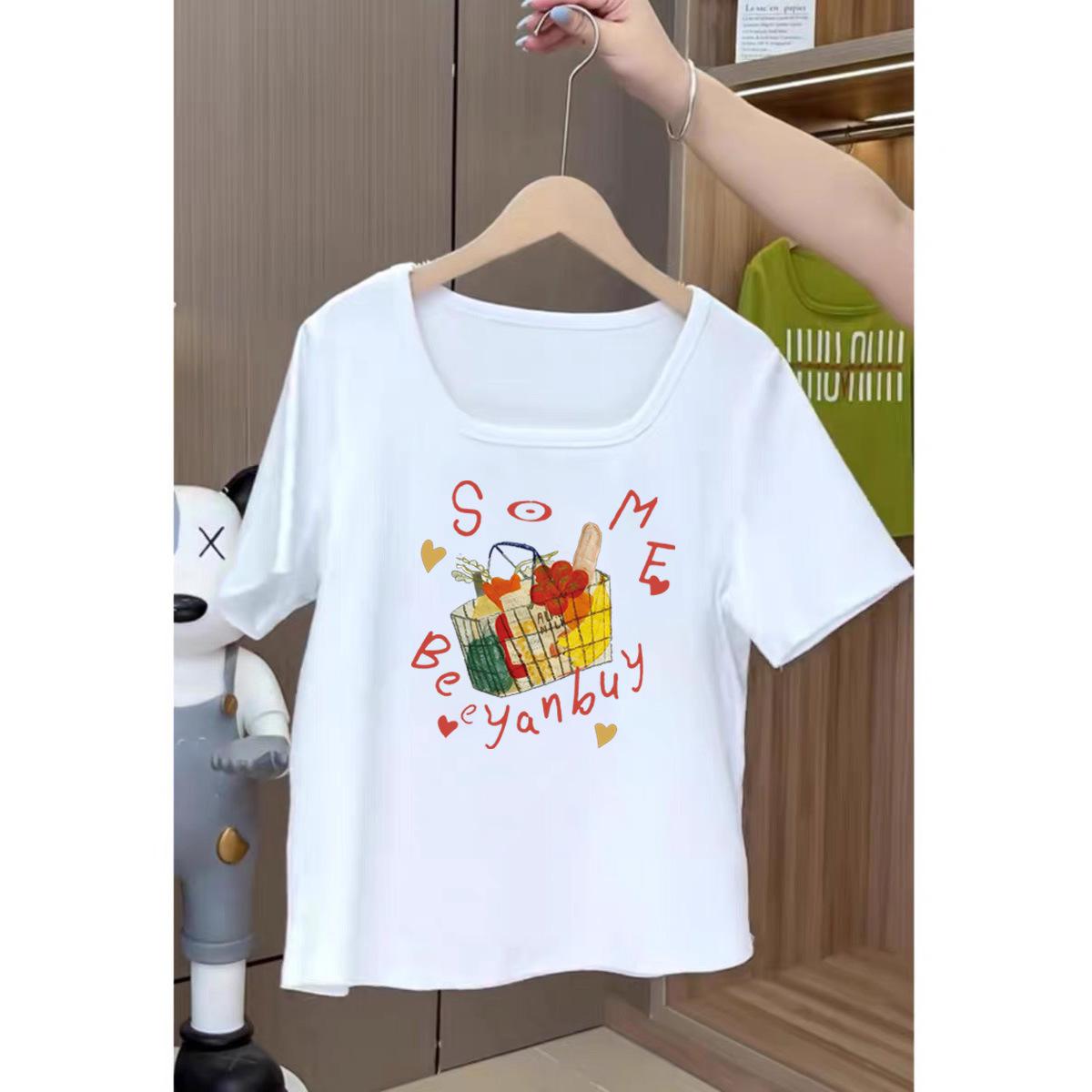 

Large size design sense printed square collar front shoulder short-sleeved T-shirt women s 2025 summer slightly fat mm belly-covering loose top M [80-60kg]