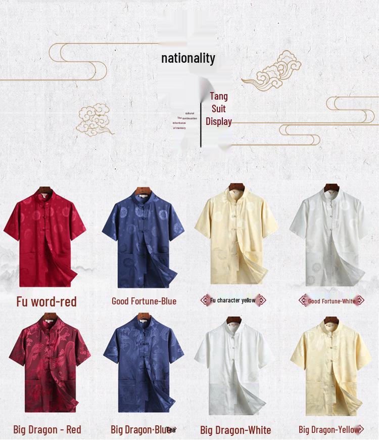 Silk Satin Dragon Tang Suit: Short-Sleeve Hanfu Shirt for Middle-Aged & Elderly Men, Lay Buddhist Attire with Frog Buttons