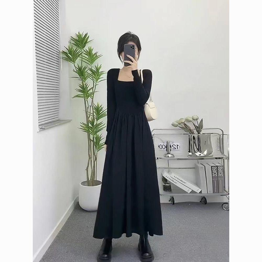 French Chic Long Sleeve Dress With Spliced Knitted Fabric For Autumn Fashion