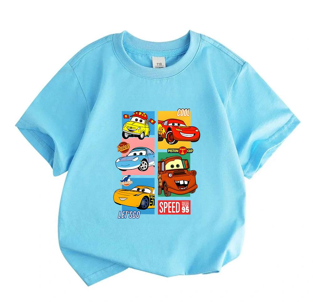Kids Boys Girls 100% Cotton Crew Neck Short Sleeve T-shirt, Cute Cartoon Racing Car Print Casual Summer Tee Tops, Comfortable Lightweight Breathable D