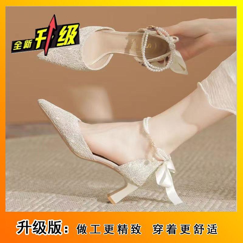 

2025 new sweet hollow sandals women s one-word buckle high heels pointed thick heel not tired feet single shoes 40