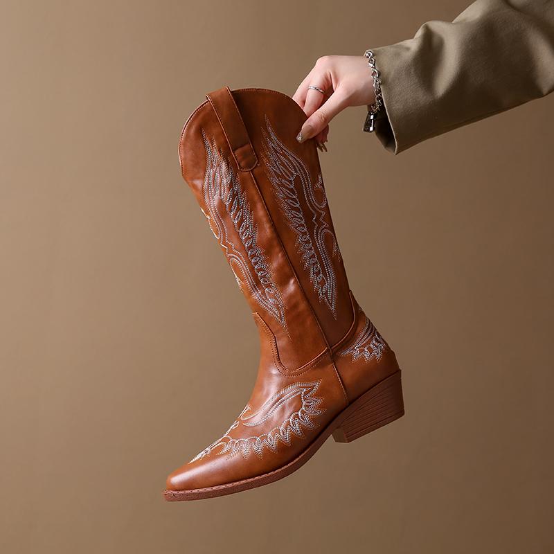 Fashion New Autumn and Winter Fashion Style Embroidered Western Cowboy Boots Pointy-tipped Medium Thick-heeled Biker Boots Zapatos Mujer