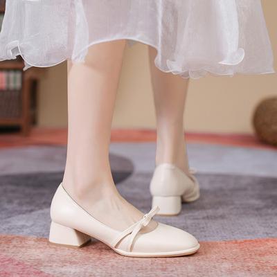 Soft Leather Thick Heel Single Shoes Women's Shallow Bow Mary Jane Women's Shoes Professional Work Shoes Women
