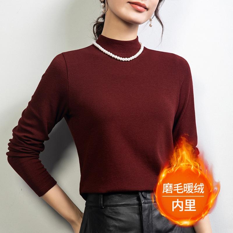 Ankola red semi-turtleneck wool fleece bottoming shirt with autumn and winter new T-shirt medium neck slim-fit top
