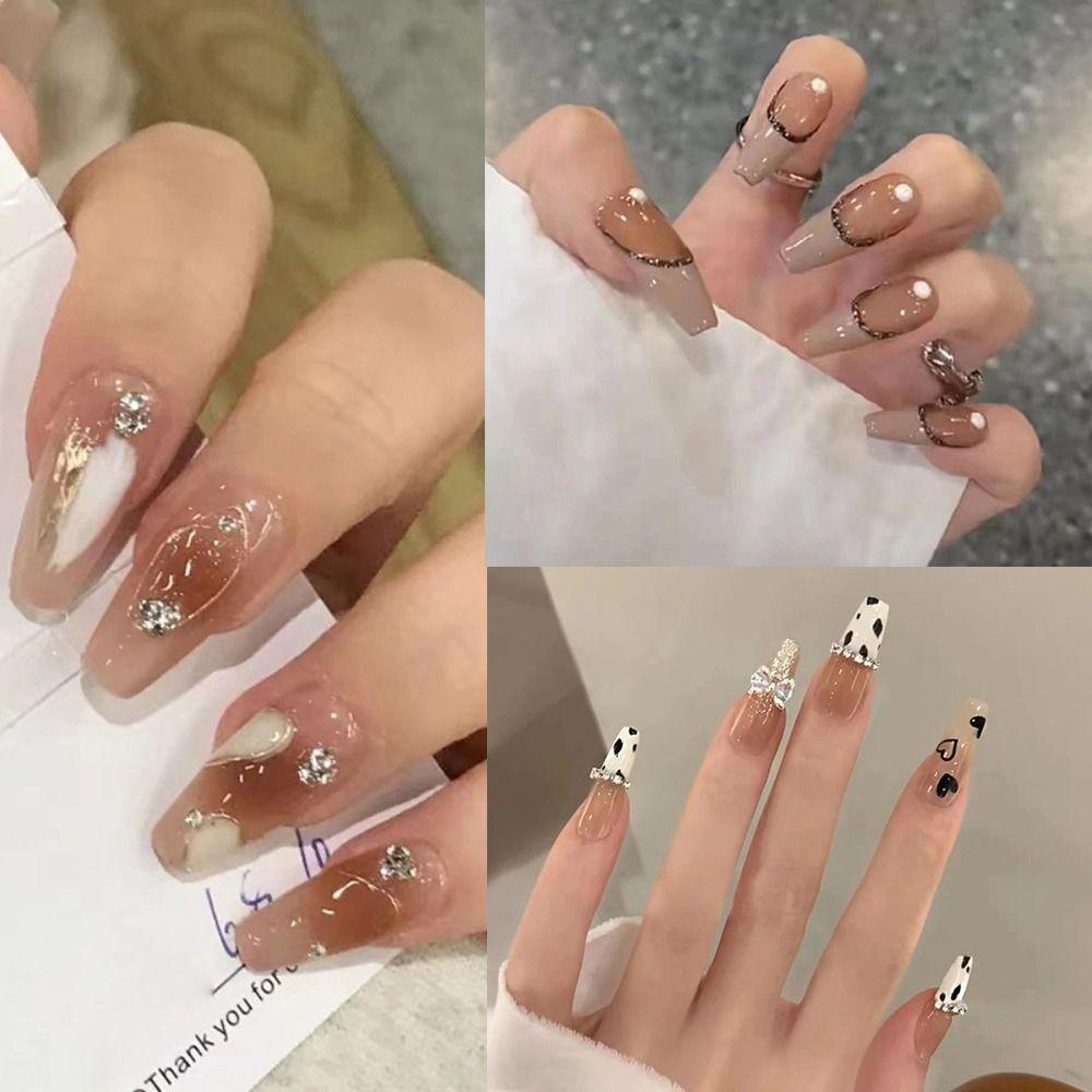

24pcs Nail Tips Mink Pearl Brown DIY Full Cover Long French Fake Nails Ballerina