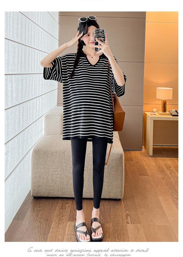 Korean Style Maternity Striped Casual Top - Plus Size, Loose, Slimming, Stylish & Age-Reducing
